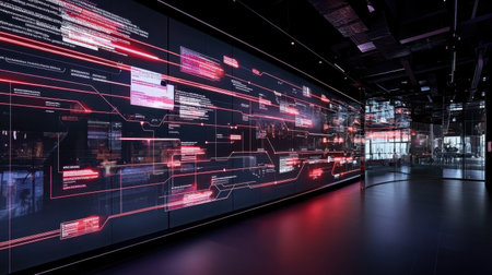 A sleek and modern office space featuring a stunning digital wall displaying vibrant data streams and code, creating an innovative atmosphere for creativity and collaboration.の素材