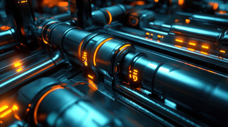 A close-up view of a complex arrangement of metallic pipes featuring bright orange illumination. This image reflects modern industrial design and futuristic technology concepts.の素材