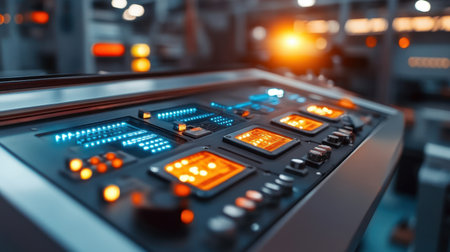 Close-up of a control panel featuring illuminated buttons and sleek digital displays, representing cutting-edge technology in an industrial environment.の素材