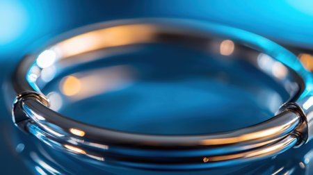 This close-up image showcases a beautiful silver bracelet reflecting light against a blue background, highlighting its elegance and luxury, perfect for jewelry enthusiasts and fashion lovers.の素材