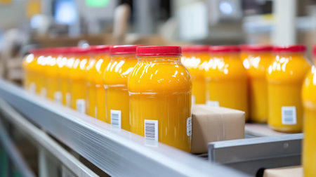 A row of bright orange juice bottles awaits packaging on a conveyor belt in a modern food production facility, highlighting efficiency and quality in the manufacturing process.の素材