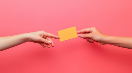 Two hands reaching towards each other, presenting a yellow card against a vibrant pink backdrop, illustrating themes of communication, connection, and exchange in a visually striking manner.の素材