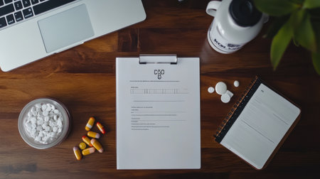 This image features a well-organized workspace with medical documents, assorted tablets, and a laptop, ideal for health professionals or students focused on wellness and productivity.の素材