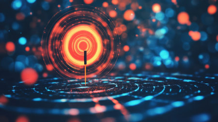 This abstract digital artwork features a vibrant target illuminated by glowing circles, creating a captivating visual of focus and precision, perfect for modern design themes.の素材