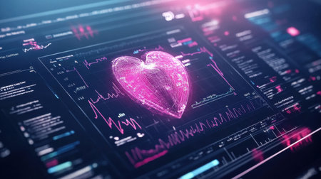 A creative digital illustration featuring a glowing pink heart integrated into a high-tech interface, symbolizing the intersection of love and data analysis in a modern context.の素材