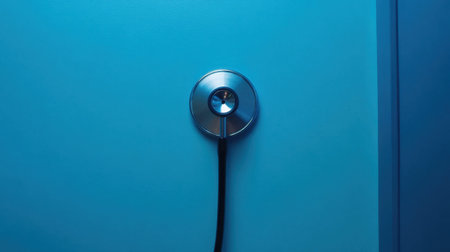 A stethoscope is attached to a smooth blue wall, highlighting medical equipment used by healthcare professionals in clinical environments for patient assessments and diagnostics.の素材