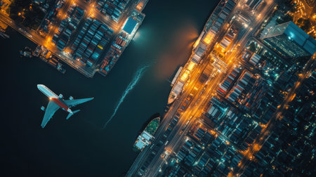 A stunning aerial view captures an airplane flying over a busy port at night, with colorful lights reflecting in the water amidst rows of cargo containers.の素材