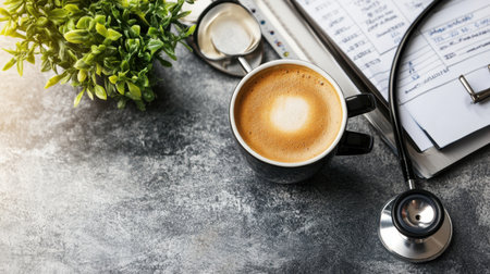 A cozy coffee cup rests on an office desk alongside a stethoscope and planner, creating a perfect atmosphere for medical professionals amidst their busy routines.の素材