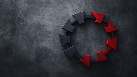 A visually striking arrangement of black and red arrows in a circular pattern on a dark background, representing direction, choice, and movement for creative or business applications.の素材