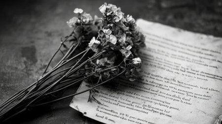 Capture the essence of nostalgia with this vintage black and white still life featuring dried flowers and aged paper on a textured surface, evoking quiet memories.の素材