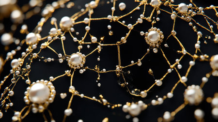 This stunning close-up image showcases a delicate neck accessory featuring pearls intertwined with golden threads, emphasizing intricate design and luxurious elegance.の素材