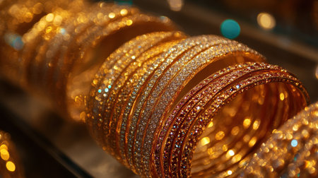 Discover an exquisite array of dazzling bangles, showcasing brilliant gold and diamond accents in a vibrant jewelry store setting perfect for fashion lovers and gift seekers.の素材