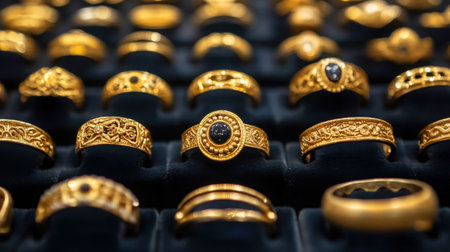A captivating collection of intricately designed gold rings, highlighting the exquisite craftsmanship and diverse styles found in elegant jewelry displays.の素材