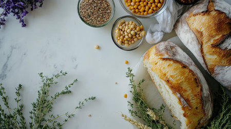 Discover a stunning arrangement featuring freshly baked artisan bread with an array of culinary ingredients and herbs, perfect for food enthusiasts and bloggers.の素材