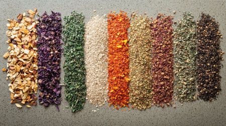 This image showcases a colorful array of dried herbs, spices, and edible flowers meticulously arranged on a smooth grey surface. Perfect for culinary inspiration.の素材