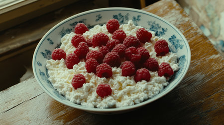 A vibrant bowl filled with fresh raspberries atop creamy cottage cheese, beautifully arranged on a rustic wooden surface, illuminated by soft natural light, perfect for a healthy meal.の素材