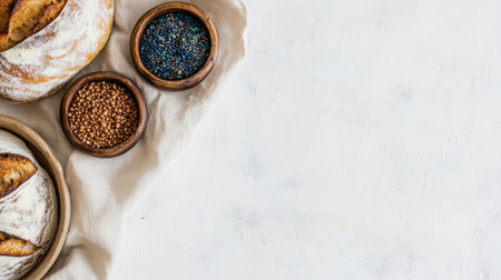 A beautiful arrangement of freshly baked artisan bread with natural ingredients and colorful sprinkles, ideal for culinary photography and food styling projects.の素材