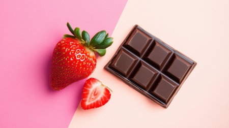 A delightful composition featuring a fresh strawberry and a bar of dark chocolate on a contrasting pink and peach background, ideal for food-themed visuals and culinary insights.の素材