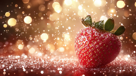 A bright and ripe strawberry rests on a surface, illuminated by sparkling light effects in the background, perfect for showcasing delectable food and lifestyle themes.の素材