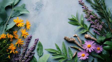 A beautiful display of vibrant flowers and lush green leaves arranged artistically on a textured blue background, ideal for nature-inspired designs and creative projects.の素材