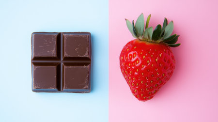 A vibrant image showcasing a chocolate bar beside a fresh strawberry, perfect for illustrating the delightful contrast between indulgent sweetness and fruity freshness.の素材