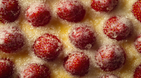 A mesmerizing close-up image of fresh red raspberries generously coated with sugar, resting on a creamy background, showcasing the vibrant colors and inviting textures of a gourmet dessert.の素材