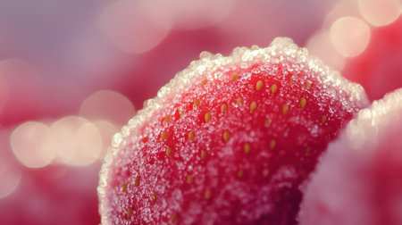 This close-up image showcases fresh strawberries adorned with glistening water droplets, highlighting their juicy texture and vibrant color against a soft, blurred background.の素材