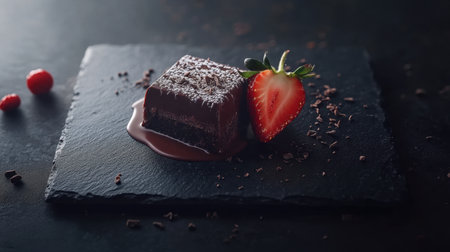An exquisite chocolate dessert elegantly presented on a slate board with a vibrant strawberry, perfect for gourmet dining experiences and indulgent moments.の素材