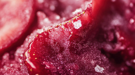 This close-up image captures frozen red berries coated with sugar crystals, highlighting their juicy texture and vibrant color, perfect for culinary and food-themed projects.の素材