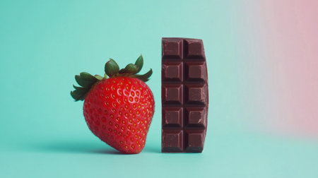 A vibrant image of a fresh strawberry beside a dark chocolate bar, highlighting the contrast between fresh fruit and sweet treat, perfect for culinary creativity.の素材