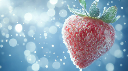 A captivating image of a fresh strawberry coated in ice crystals, suspended against a soft blue backdrop, creating a magical and refreshing winter fruit scene.の素材