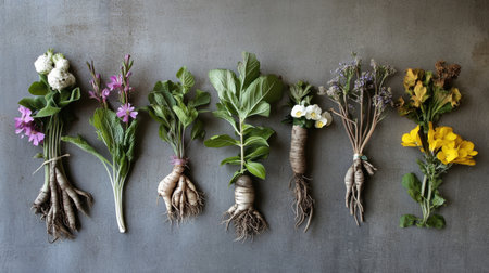 A vivid display of freshly harvested root vegetables and edible flowers, showcasing earthy textures and vibrant colors on a rustic gray backdrop, perfect for culinary inspiration.の素材