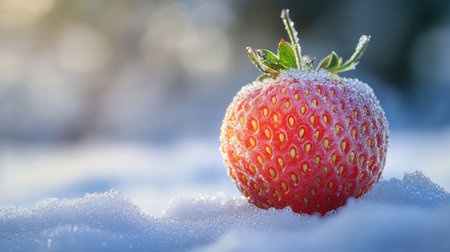 A vibrant strawberry glistens with frost on a snowy surface, showcasing the contrast between nature's beauty and winter's chill, perfect for seasonal themes.の素材
