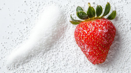 A beautiful fresh strawberry with sugar granules on a clean white surface, highlighting the natural sweetness and vibrant color of this delicious fruit. Perfect for culinary projects.の素材
