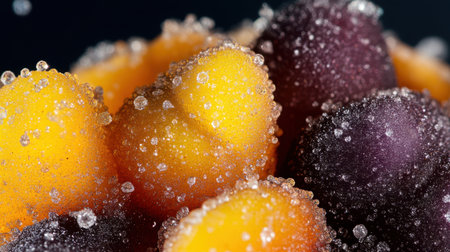 A stunning close-up image of vibrant fruits covered in glistening water droplets, emphasizing their freshness and inviting appeal for culinary or health-related projects.の素材