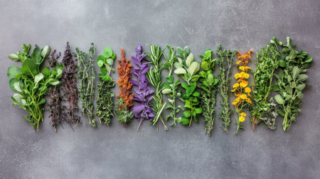 Vibrant array of fresh herbs, beautifully arranged on a grey surface, ideal for culinary uses, food styling, and inspiration for healthy cooking. Perfect for kitchens and recipes.の素材