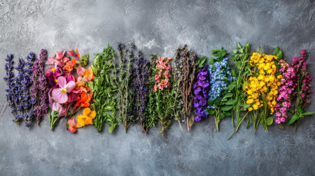 A stunning collection of fresh flowers arranged in a beautiful spectrum of colors, perfect for nature lovers and creative inspiration, showcasing the diversity of flora.の素材