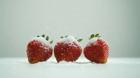 Three vibrant strawberries sprinkled with powdered sugar create a fresh and inviting display, perfect for capturing the essence of sweetness in culinary photography.の素材