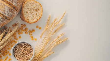 A beautiful arrangement featuring freshly baked bread accompanied by various wheat and grain ingredients, perfect for culinary and health-focused imagery.の素材