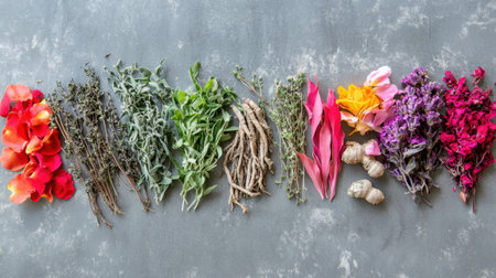 Beautifully arranged dried herbs and flowers on a gray background, showcasing a natural palette perfect for cooking, wellness, and creative projects.の素材