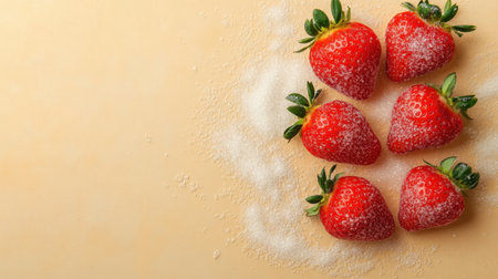 A captivating arrangement of fresh strawberries sprinkled with sugar on a soft beige background, ideal for showcasing culinary treats and delicious recipes.の素材