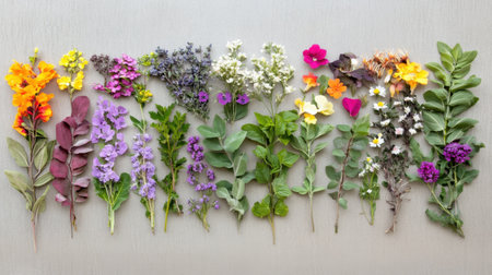 A beautifully arranged collection of vibrant dried flowers and leaves on a light gray backdrop, perfect for nature-inspired designs and creative projects. Ideal for floral enthusiasts.の素材