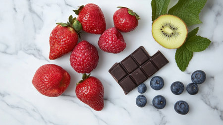 A stunning arrangement of fresh strawberries, raspberries, blueberries, and kiwi slices with dark chocolate on a marble surface, perfect for dessert inspiration and healthy snacking.の素材