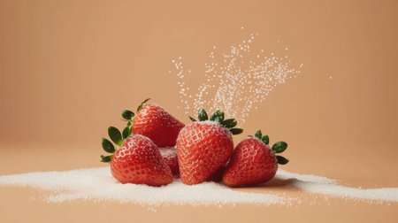 Bright and fresh red strawberries dusted with sugar creating an inviting visual on a beige background, ideal for culinary and dessert photography projects.の素材