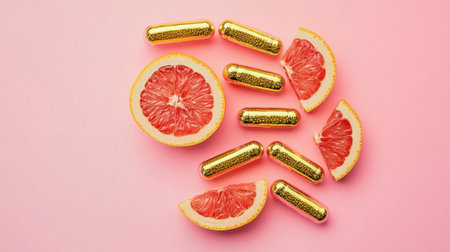 A captivating arrangement of grapefruit slices alongside shiny gold capsules on a vibrant pink background, symbolizing health, wellness, and lifestyle choices for a balanced diet.の素材