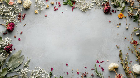A stunning display of dried flowers and foliage creates a beautiful border on a soft grey background, perfect for artistic projects, invitations, or decorative use.の素材