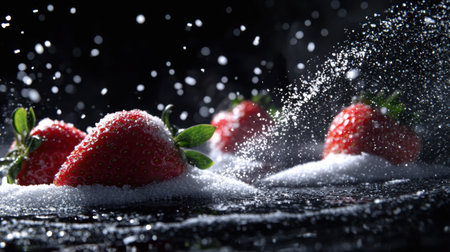 Captivating image of fresh strawberries lightly coated in sugar, enhanced by a water spray effect, all set against a dramatic dark background creating an appetizing aesthetic.の素材