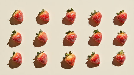 A stunning arrangement of fresh strawberries casts appealing shadows on a neutral surface, highlighting their rich colors and inviting textures, ideal for food enthusiasts and wellness advocates.の素材