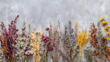 This captivating image showcases a variety of dried flowers arranged beautifully against a soft grey background, perfect for home decor or creative projects that celebrate nature's beauty.の素材