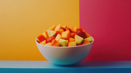 A vibrant bowl filled with fresh fruit cubes, including mango, melon, and strawberry, set against a colorful background perfect for healthy eating and nutrition themes.の素材